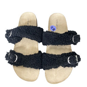 Indigo Rd Sally 2 Faux Fur Slide Sandals Black Womens Sz 8.5M Silver Buckles NEW